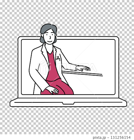 イラスト素材: オンライン診療を行う医師とノートパソコン イラスト素材: オンライン診療を行う医師とノートパソコン 131256154