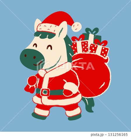 Christmas Horse Character in Santa Costume Carrying Presents 131256165