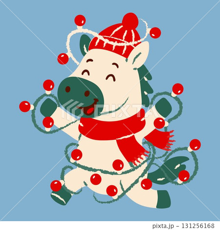 Cute Cartoon Horse Tangled in Christmas Lights 131256168