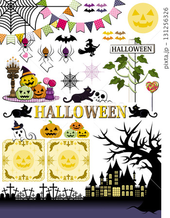 ハロウィンのイラスト装飾デザイン「ジャックオーランタンとゴーストと蜘蛛の巣ガーランドと夜景」素材集 ハロウィンのイラスト装飾デザイン「ジャックオーランタンとゴーストと蜘蛛の巣ガーランドと夜景」素材集 131256326
