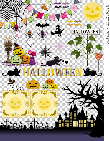 Halloween illustration decoration design "Jack-o'-lantern, ghost, spider web garland and night view" material collection Halloween illustration decoration design "Jack-o'-lantern, ghost, spider web garland and night view" material collection 131256326