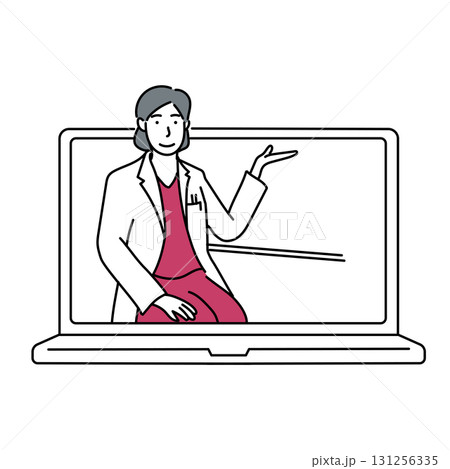 イラスト素材: ノートパソコン画面に映る説明を行う医師のイラスト 131256335