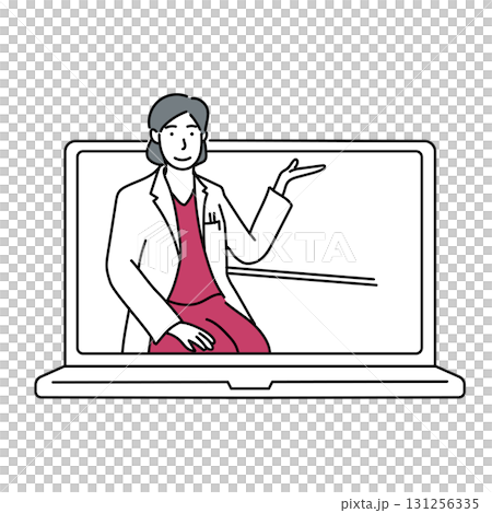 イラスト素材: ノートパソコン画面に映る説明を行う医師のイラスト 131256335