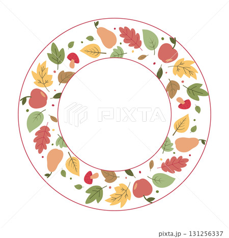 Autumn frame with colorful leaves, apples, pears and mushrooms in flat style, seasonal decorative wreath illustration Autumn frame with colorful leaves, apples, pears and mushrooms in flat style, seasonal decorative wreath illustration 131256337