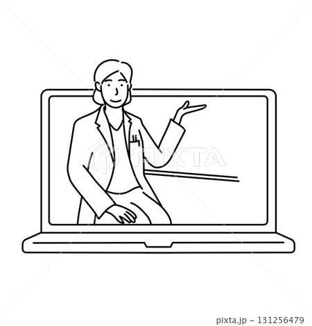 イラスト素材: ノートパソコン画面に映る説明する医師の線画イラスト 131256479
