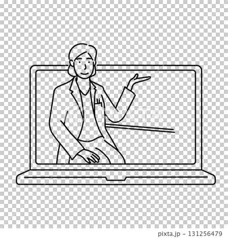 イラスト素材: ノートパソコン画面に映る説明する医師の線画イラスト 131256479