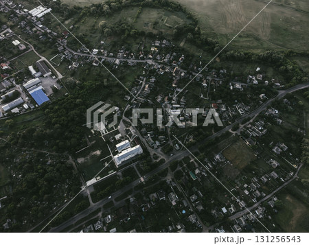 Drone Look Down on Countryside in Evening 131256543