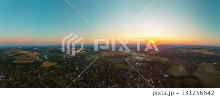 Aerial Morning Countryside, Sun Rising on Horizon 131256642