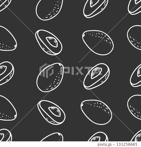 Avocado seamless graphic pattern in minimalistic style. Hand drawn white line drawing of whole Fruit and Cut Slices isolated on a black background. For product packaging, menu and fabric prints. Avocado seamless graphic pattern in minimalistic style. Hand drawn white line drawing of whole Fruit and Cut Slices isolated on a black background. For product packaging, menu and fabric prints. 131256665