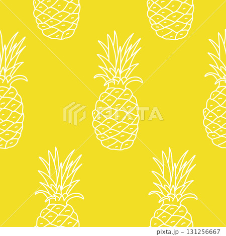Pineapple seamless vector pattern. Exotic fruit white line drawing on a yellow background in Doodle style. For packaging paper, textile prints, wallpaper, summer designs. Pineapple seamless vector pattern. Exotic fruit white line drawing on a yellow background in Doodle style. For packaging paper, textile prints, wallpaper, summer designs. 131256667