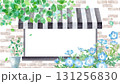 レンガ壁とお店窓を背景にした、新緑の枝葉とネモフィラの水彩イラスト。春のナチュラルなフレームデザイン 131256830