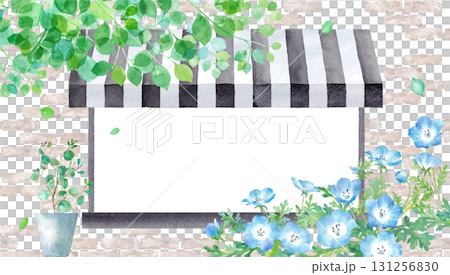 A watercolor illustration of fresh green leaves and nemophila against a brick wall and shop window. A natural spring frame design 131256830