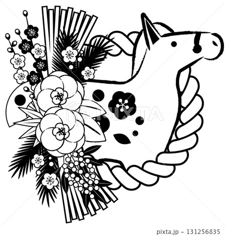 午年年賀アイコン06、しめ飾り、モノクロ馬、イラスト、かわいい 131256835