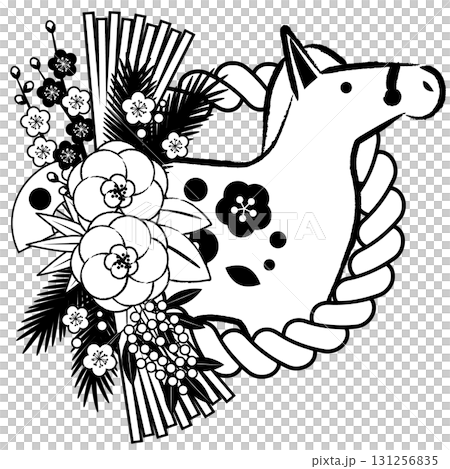 Year of the Horse New Year Icon 06, Shimekazari, Monochrome Horse, Illustration, Cute 131256835