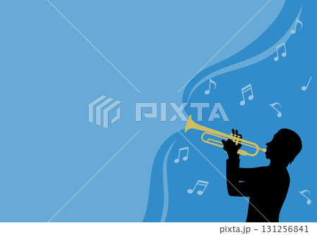 トランペットを吹く人物のシルエットと音符の横長なフレームのベクターイラスト 131256841