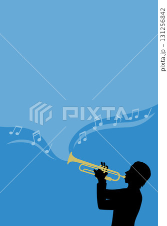 トランペットを吹く人物のシルエットと音符の縦長なフレームのベクターイラスト トランペットを吹く人物のシルエットと音符の縦長なフレームのベクターイラスト 131256842