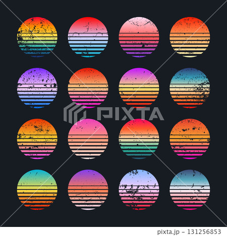 Grunge vintage colorful sunset. Striped gradient sunrise badges in 80s and 90s style. Sun and ocean view, summer vibes, surfing. Design element for print, logo or t-shirt. Vector illustration 131256853