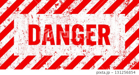 Warning sign with red and white diagonal lines. Attention, danger or caution symbol. Construction site signage, road safety notice, hazard banner, security alert shield. Vector illustration 131256854