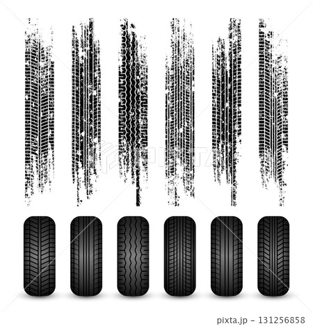 Grunge tire tracks, rubber wheels, and braking marks. Truck, car, or motorcycle tread pattern silhouettes. Perfect for auto racing, motorsport, and speed-related designs. Vector illustration 131256858