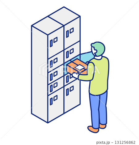 男性が荷物ロッカーサービスを利用するアイソメトリックイラスト 131256862