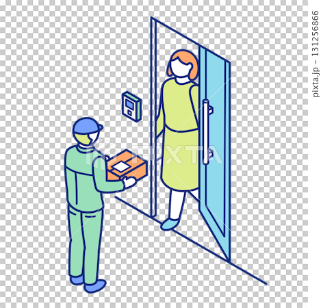 Isometric illustration of a woman receiving a package from a delivery man at her front door 131256866