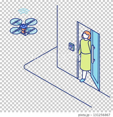 女性が玄関先で配達ドローンから荷物を受け取るアイソメトリックイラスト 131256867