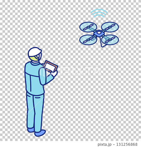 作業着とヘルメットを着用した人物がドローンを操作するアイソメトリックイラスト 131256868