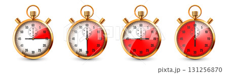 Realistic classic stopwatch. Shiny golden metal chronometer, time counter with dial. Red countdown timer showing minutes and seconds. Time measurement for sport, start, finish. Vector illustration 131256870