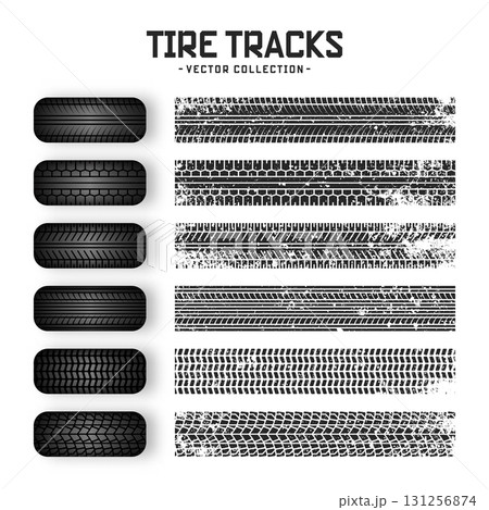 Grunge tire tracks, rubber wheels, and braking marks. Truck, car, or motorcycle tread pattern silhouettes. Perfect for auto racing, motorsport, and speed-related designs. Vector illustration 131256874