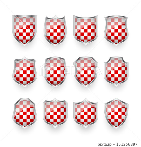 Glossy shields with red and black white. Security and protection concept. Cyber safety icons, internet privacy, web defense, digital data protection and antivirus themes. Vector illustration Glossy shields with red and black white. Security and protection concept. Cyber safety icons, internet privacy, web defense, digital data protection and antivirus themes. Vector illustration 131256897