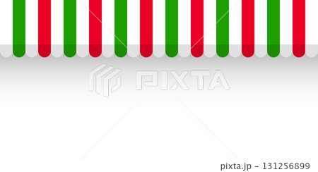 Shop sunshade. Realistic striped cafe awning. Outdoor market tent. Roof canopy in Italian flag colors. Summer street store. Vector illustration 131256899