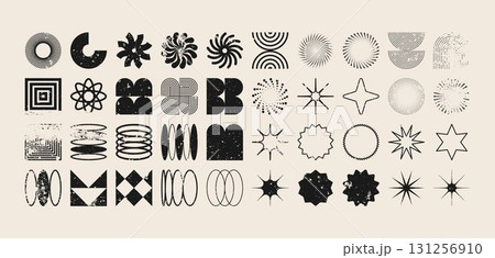 Brutalist geometric shapes, modern grunge symbols. Simple primitive elements and forms, distressed details. Retro design, aged, vintage, trendy contemporary minimalist style, y2k. Vector illustration 131256910