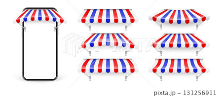 Smartphone with shop sunshade, metal mount, online internet shopping. Realistic striped cafe awning. Outdoor market tent. Roof canopy in French flag colors. Summer street store. Vector illustration 131256911