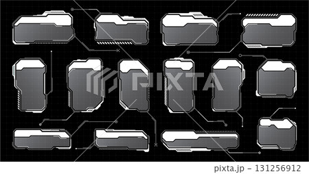 White futuristic HUD, UI elements. Sci-fi user interface text boxes, callouts. Warning message frames, information boxes template. Modern game interface layout in digital style. Vector illustration 131256912