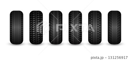 Rubber tires silhouettes. Car, truck, and motorcycle wheels, tread pattern designs. Perfect for automotive, racing, and motorsport themes, repair service and transport industry. Vector illustration Rubber tires silhouettes. Car, truck, and motorcycle wheels, tread pattern designs. Perfect for automotive, racing, and motorsport themes, repair service and transport industry. Vector illustration 131256917
