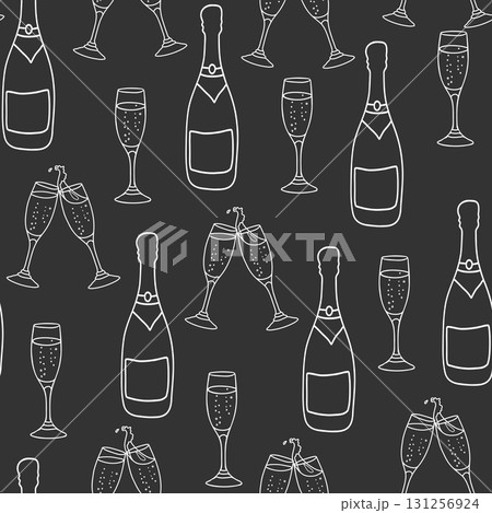 Champagne seamless pattern. Bottle and two clinking Glasses white ink drawing on a black background in doodle style. Vector illustration isolated on a background. 131256924