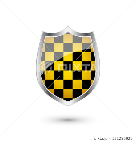Glossy shield with yellow and black pattern. Security and protection concept. Cyber safety icons, internet privacy, web defense, digital data protection and antivirus themes. Vector illustration 131256929