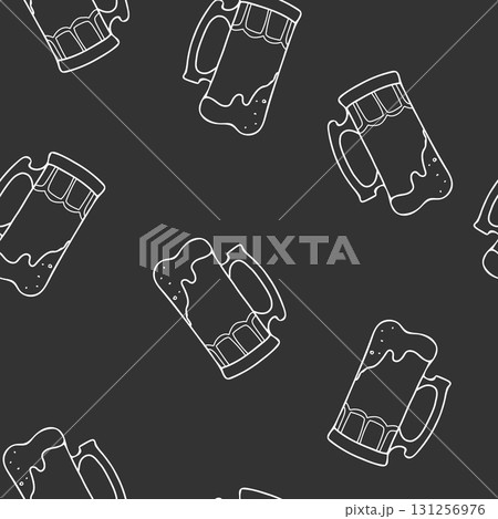Beer Octoberfest Seamless pattern. White line art on a black background. Full beer mugs with a foam. Hand drawn Vector illustration in Doodle style. For Octoberfest, St. Patricks Day packaging and pub Beer Octoberfest Seamless pattern. White line art on a black background. Full beer mugs with a foam. Hand drawn Vector illustration in Doodle style. For Octoberfest, St. Patricks Day packaging and pub 131256976