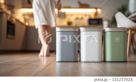 Three Modern Kitchen Trash Bins in Pastel Colors with a Barefoot Person in a Cozy Home 131257028