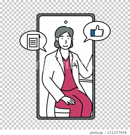 イラスト素材: スマートフォン画面に映るオンライン診療の医師と吹き出しのイラスト 131257048