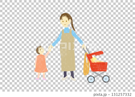 推著紅色嬰兒車的孕婦和小女孩 131257332