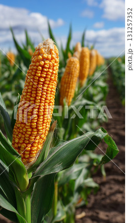Cornfield with tall plants and ripe kernels under a blue sky 131257352