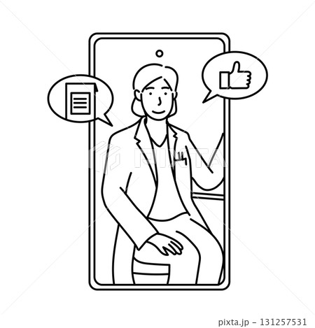 イラスト素材: スマートフォン画面に映るオンライン診療医師とアイコン付き吹き出しの線画 131257531