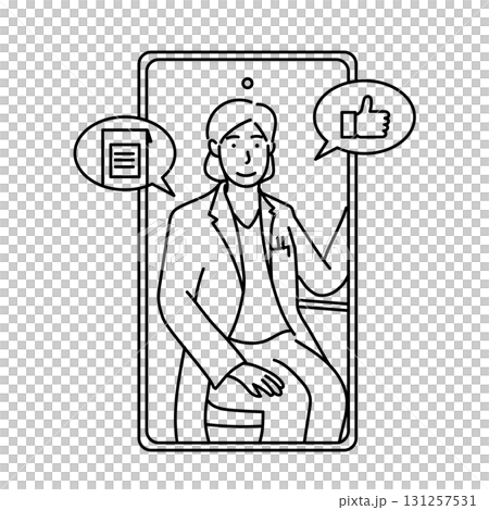 イラスト素材: スマートフォン画面に映るオンライン診療医師とアイコン付き吹き出しの線画 131257531