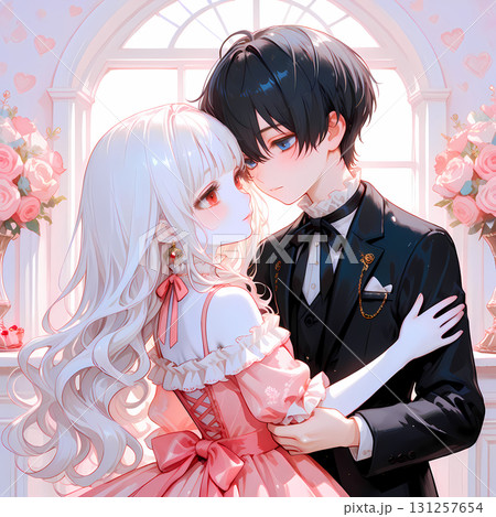 ダンスするカップル。アルビノの少女と碧眼の青年のバレンタインデー。日本の漫画風のAIイラスト 131257654