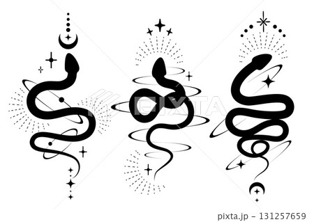 Celestial mystic illustration with snakes and occult symbols. Black tattoo with serpents moon and stars. Kundalini fantasy vector art. 131257659