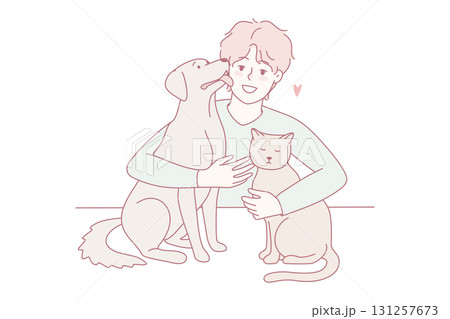 Happy guy with pets Happy guy with pets 131257673