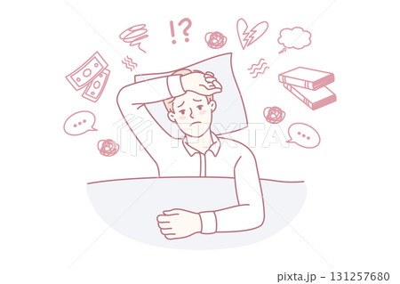 Unhappy man suffer from insomnia overthinking 131257680