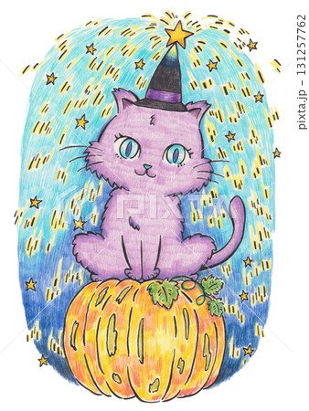 かぼちゃの上に乗った猫の魔法使いのイラスト 131257762
