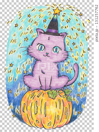 かぼちゃの上に乗った猫の魔法使いのイラスト 131257762
